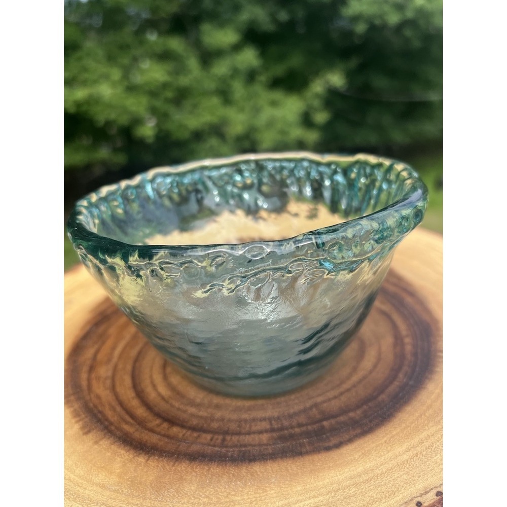 Hand Blown Recycled Glass Bowl Aqua Blue Green Bubble Artisan 6" Handmade - Picture 4 of 14